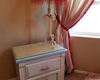 Draperies (lined) CUTE! Red pinstripes on white.  Night stand