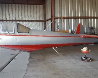 1961 Forney F-1A Trainer SN#5758 Airplane. Side View. Straw Hat, Mechanics Rolling Stool, Drill Press.