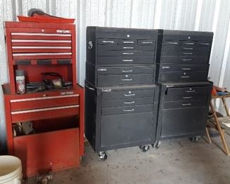 Craftsman Floor Red Tool Box, Storehouse Floor Tool Box (2), Hard Plastic Barrels, Wooden Cabinet, Assorted Tools