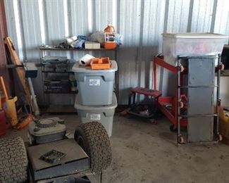 Hand Held Airplane Tow Bars, Hydraulic Jack, Jack Stand, Oil Pan Collector, Airplane Tow Gasoline Unit 5HP, Assorted Gasoline Containers, Electric Airplane Towing Dolly