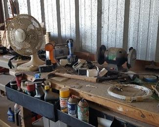 Wood Work Bench, Bench Grinder, Assorted Tools, Oscillating Fan