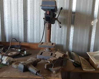 Metal Work Bench, Drill Press Table Mount, Bench Grinder, Assorted Tools