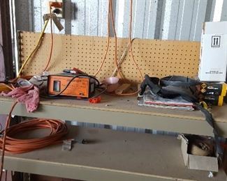 Metal Work Bench with Peg Board Back, Dual Mate Battery Charger, Heavy Duty Extension Cord