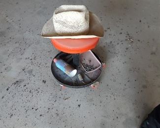 Mechanics Rolling Stool, Straw Hat.