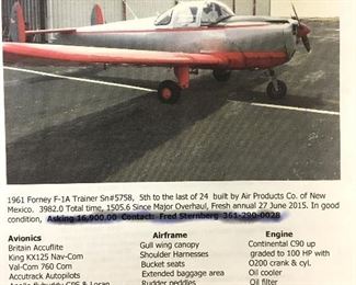 1961 Forney F-1A Trainer SN#5758 Airplane. This was a flier created by Fred Sternberg when he had started the sale process.
