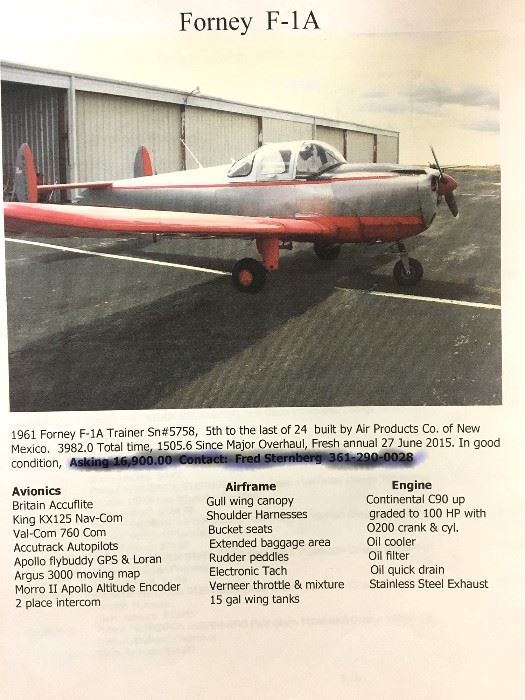 1961 Forney F-1A Trainer SN#5758 Airplane. This was a flier created by Fred Sternberg when he had started the sale process.