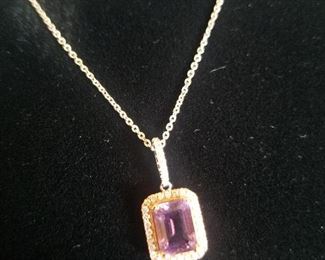 14K white Gold chain and diamond and Amethyst necklace with certification!