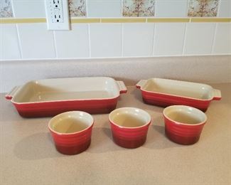 LeCreuset Red Stoneware Baking Dishes and Small Bowls