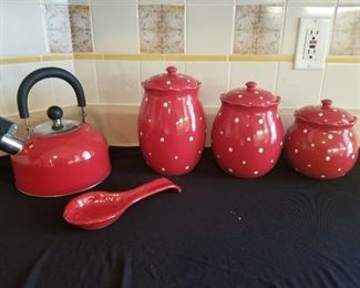 Beautiful Red Canisters, Tea Kettle, and Ladle