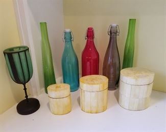 Beautiful Tall Colorful Glass items and 3 Canisters
