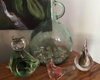 Turquoise Clear Glass Jug with Handle, Glass Cat, Bird, and Paper Weight