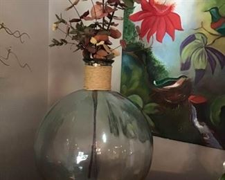 Extra Large Round Turquoise Vase with Arrangement