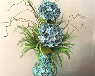 Turquoise and Brown Vase with Hydrangeas