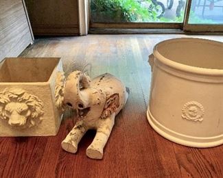 Neiman Marcus Planters, Lion Planter & Antique Wood Elephant