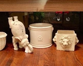 Vintage Porcelain Planters  & Pots and Antique Wood Elephant