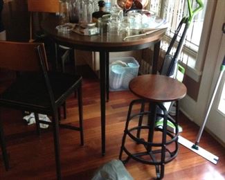 Copper topped bistro table with two stools.  Pier 1 round stool, many glass items.