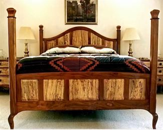 Louis Fry Classical Four Poster Bed featuring walnut posts with hand shaped finials and cabriole feet. The raised panels in the head and footboards are spalted pecan. Spalting (the wiggly black lines and unusual coloration) is the work of micro-organisms that become active in a tree after it has died. The resulting lumber is rare -- and highly prized by contemporary furniture makers! Cool, huh?