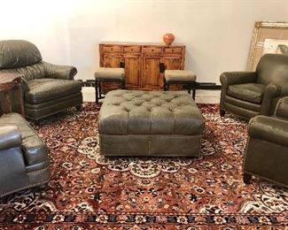 Gorgeous Hancock and Moore Leather Set - 4 arm chairs with nailhead trim with large ottoman.