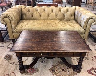 Beacon Hill leather Chesterfield with nailhead trim. Also, we have this Ralph Lauren Coffee Table with Barley Twist legs and two large matching end tables
