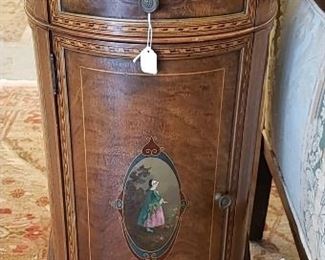 Antique hand painted, marble top cabinet with drawer and glass insert