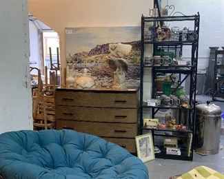 Vintage Papasan Chair with extra cushion, art, Henredon chest of drawers and more for sale