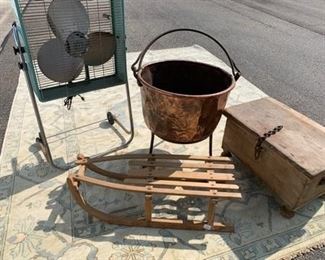 Vintage Fan, Copper pot, sled and wood box