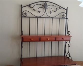 Wood and Metal baker's rack with three drawers and ornate scroll work!