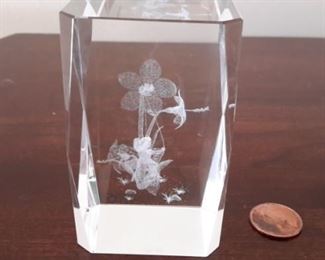 Laser etched crystal, fairy on swing.