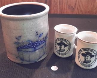Glazed crock with blueberries design and two vintage mugs made in Scotland.