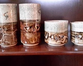 Unique vintage Japanese Somayaki hand-crafted double-walled glasses and cups (8 glasses, 3 cups).