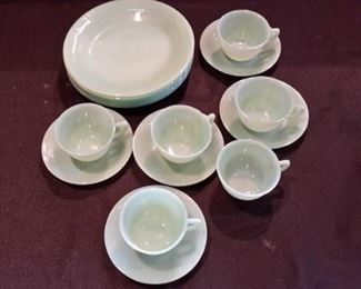 Vintage Fire King jadeite (yes, they are GREEN...picture doesn't reflect true color!) dinner plates (3 ribbed, 3 smooth), 5 ribbed saucers and 6 ribbed tea cups.