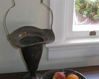 Silverplate Basket and a Bowl of alabaster fruit