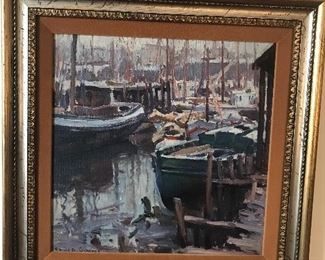 Emile Gruppe oil on canvas titled “Rainy Day”. Measures approx 16”x16”.