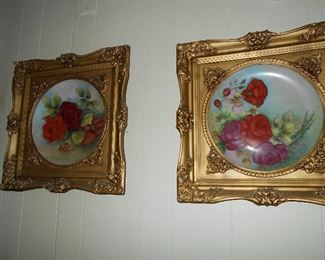 Framed painted porcelain plates 