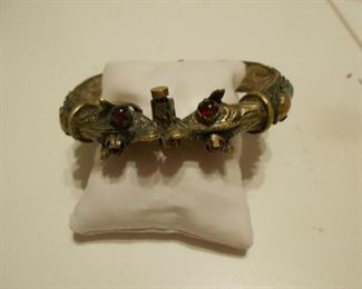 Victorian antique double serpent head multi stone silver bracelet