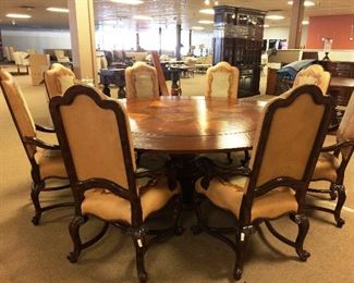 Round inlay wood expandable table with 8 custom made chairs