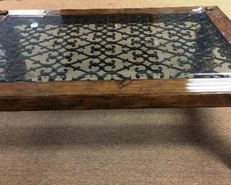 glass top wood and iron table