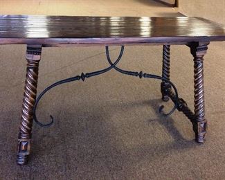 hand scraped wood table with iron and wood base