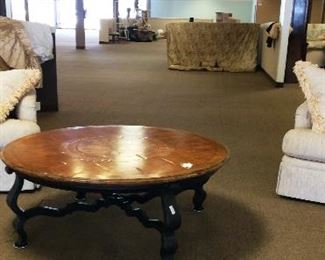Round Inlay coffee table, pair of oversize chairs