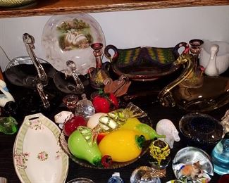 Glass swan bowls in the back, Paperweights, etc.