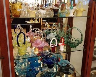 Glass baskets including Fenton.  Note Fenton miniatures, too (We have more minis than are pictured here). 
