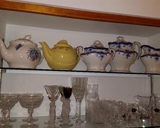 Flow Blue tea set, Hall Pottery yellow teapot, cut glass and figural stemware