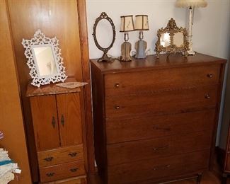 Jewelry armoire and mid-century dresser; vintage dresser lamps, etc.