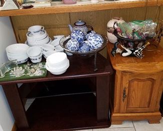 TV stand, Corelle dishes, assorted decorative items