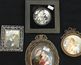 Signed miniatures.  Top center appears to be a scrimshaw-type artwork.