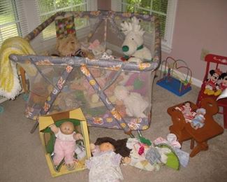 Lots of toys, games, puzzles, stuffed animals, playpen, round collapsible fence for small ones.