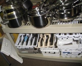 pots, pans, stainless steel flatware