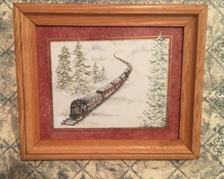 Train, china painted on tile
