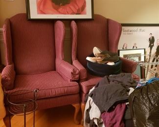 Two chairs and ottoman, plant stand artwork, women's clothing sizes 14 through 20 in excellent condition