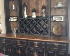 Available for PreSale---$1600.00                                                   Wrought Iron & Rustic Wood Side Board/Down Lights/Wine Rack/Glass Shelves/Great Storag